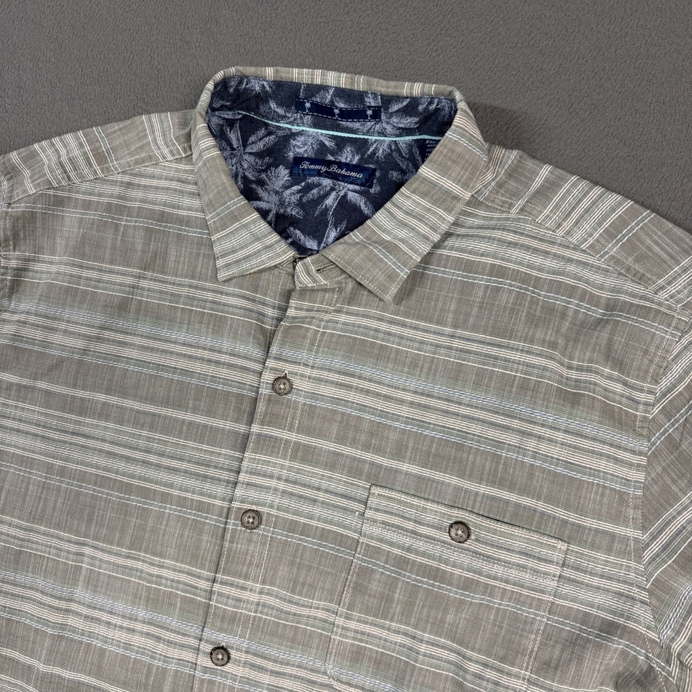 Tommy Bahama Shirt Mens XXL Gray Striped Sierra Sands Long Sleeve Button Pocket